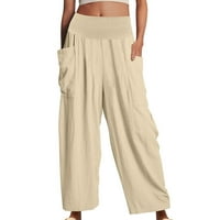 Ženske hlače Sawvnm Ženska boja elastična struka pamučna posteljina labavi džep casual pantalone za žene