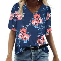Cvjetni tiskani vrhovi za žene kratki rukav plus veličine T majice V izrez casual košulju za vježbanje Vintage Graphic Boho Tees Henley Tops Dark Blue Y215