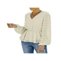 Izhansean ženski šifon casual vrhovi V-izrez dugih rukava tunika bluza pulover marelica xl