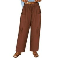 Hlače za žene High struk džepovi elastični struk pune boje labave ležerne duge pantalone