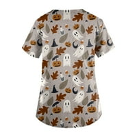 Halloween majice za žene dame kratki rukav V-izrez Halloween Print džepne njegovatelji vrh Grey XL