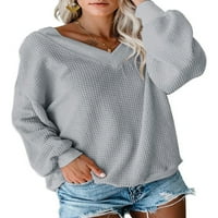 SoftMallow Ženska ležerna na ramena V Vrat vafla pletena bluza Dame Batwing rukav labav pulover džemper