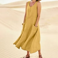 Bazyrey ženski džepovi bez rukava okrugli vrat haljine Čvrsta boja za odmor od plaže za odmor duga maxi