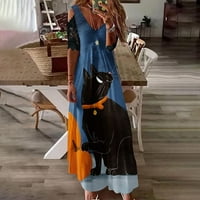Ženska haljina za Halloween čipka kratkih rukava V izrez Ruched Maxi haljine Slatka mačja haljina od