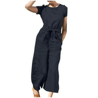 Jumpsuits za ženske plus veličine kratkih rukava pune boje labave ravne posteljine hlače modne romske