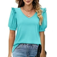 Ženski naborani puff rukav vrhovi Ljeto V izrez T majice Dressy casual bluze