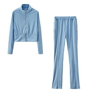 Dvije odijelo za žene duks džemper Sportske hlače Čvrsto boje stojeći ovratnik dugih rukava za žene svijetlo plave veličine 2xl