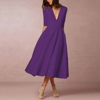 Ljetne haljine za žene V-izrez Srednja dužina Boemska A-line od punog lajkova Datum Dress Purple XL