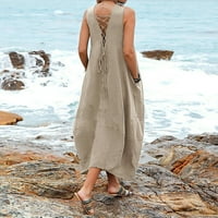 Ženska ljetna pamučna posteljina V-izrez džep za haljinu bez plaže Ležerne haljina