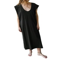 Ženska ljetna casual prevelika duga haljina čvrsta boja bez rukava za okrugli izrez Top haljine na plaži