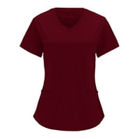 Bazyrey Womens Ljetni vrhovi Čvrsta tiskana bluza Ženka V izrez Trendi džepova kratkih rukava Majice Crvena 3xl