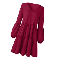 Maytalsoy ženska tunika dugih rukava V izrez Labave ljuljačke haljine crveni xxl