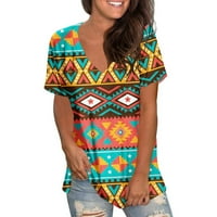 PBNBP Ljetni vrhovi za žene Trendy V izrez kratki rukav majica Vintage Aztec tees casual labavi fit