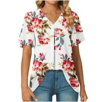 Ženski kratki rukav dreševi šifonske bluze Pleased V izrez Tunic Tops Slatki cvijet Ispis Ljetne komisije