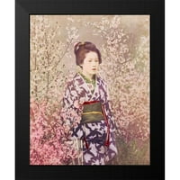 Kazumasa, Ogawa Crni moderni uokvireni muzej umjetnički print naslovljen - gejša i cvjetovi trešnje
