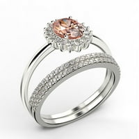 Prekrasan minimalistički 2. karat ovalni morgatit i dijamantski morgatitni prsten, halo vjenčani prsten, dva podudarna traka u srebru s običnim rukom od 18k bijelog zlatnog opsega za nju