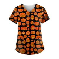 APEPAL Ženski zaslužni za Halloween Tiskanje kratkih rukava V-izrez V-izrez Radni džep bluza narandžasti