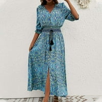 Midi haljine za žene, ženski rukav rukav boemski rukav boemski rubne kasete na plaži Maxi haljina plava