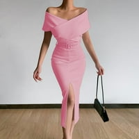 Ženske oblače od punog drvenog ramena Bodycon Dužina ležerne haljine kratkih rukava ružičasta S