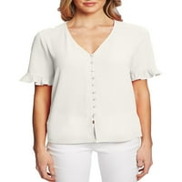 PLNOTME ženska bluza od šifona ruffle majica V rect gumb dolje ljetno casual okruglo pune boje kratki