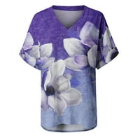 T majice za žene Ženske ležerne ljetne vrhove cvjetni kratki rukav V izrez TEE majica Ispisana labava