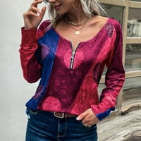 Modni ženski etnički stil tiskani patentni patentni majica Ležerna majica, vruća ružičasta