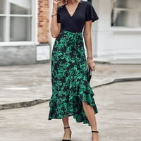 Ženska kratka rukava Fit & Flare Visoka niska modna V-izrezana ljetna haljina zelena m