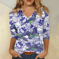 APEPAL ženska proljetna ljetna moda tiskana s rukavima na srednjim rukavima V-izrez casual labav tee majica majica ljubičasta m
