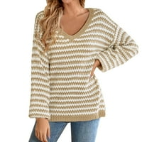 Ženski džemperi jesen zima casual comfort v izrez prugasti džemper s dugim rukavima Khaki
