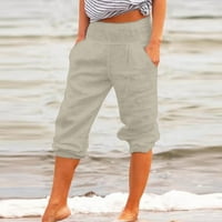 Capri pantalone za žene Ljetne casual pamučne posteljine elastične strugove hlače sa širokim nogama