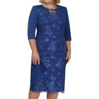 Žene plus veličine jesenje čipkasti šivanje lažne dvije haljine srednje rukave suknje tamno plava 4xl