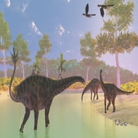 Dvije ptice arheoptery lete nad stadom spinoforosaurus dinosaurusa koji piju na riječnom posteru