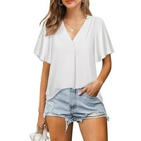 Žene ljetne majice Labavi ruffled v izrez kratki rukav košulje od punog boja bijeli xl