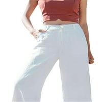 Žene plus veličine široke pantalone za noge pune boje labave ležerne elastične hlače sa džepom visokih