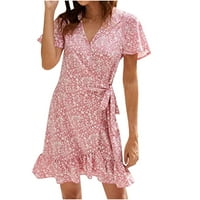 Dnevne haljine za žene za žene Ljetni cvjetni ruffled čipka čipke šifon kratkih rukava s V-izrezom haljina
