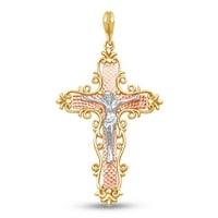 14k trobojni zlatni dijamantski ukrašeni religijski katolički gotički krucifinski križni privjesak šarm