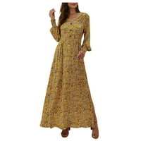 Ženske haljine maxi dugi rukav ležeran tiskani a-linijski V-izrez ljetna haljina žuta l