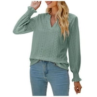 Women plus veličine Ženska modna modna V-izrez Casual Dugi rukavi Udobni čvrsti boja ruff ruffle rukavi bluza zelena