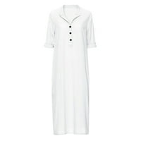 Udobna haljina za žene bijele flaguelne haljine modne pune boje okruglo dugme gore dugih rukava midi