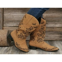 FERNDULE MID CALF čizme za žene Retro vezene Chunky Heel Cowboy Cowgirl Boots Khaki 5