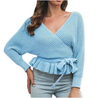 Pad džempera za žene mršav džemper pulover V-izrez džempere za djevojke svijetlo plava l