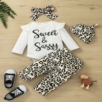 Dječja djevojka odjeća set dugih rukava bijeli bodysuit + nacrtajući leopard hlače + odjeća za glavu
