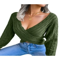 Eyicmarn ženski džemper, čvrsti kolor poprečni V-izrez dugih rukava nisko rezani pletiv pulover jesenja