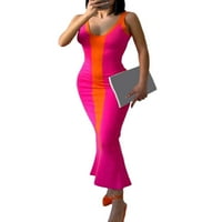 Binweede Ženska pletena haljina Bodycon duga, bez rukava V izrez Contrast Color Split midi haljina