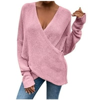 Dupljivi džemperi za žene čišćenje pune boje V izrez Knit dugih rukava modni pulover Duks vrh ružičaste
