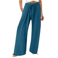 Qiaocaity hlače za žene Ležerne ljetne elastične visoke struk posteljine pantni džepovi ravno noga naglica