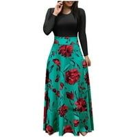 Ženska cvjetna dugačka maxi haljina za patchwork o-vrat casual kratke dugih rukava Spring Fall Elegantne