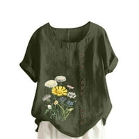 Prevelike platnene majice za žene kratki rukav bluze Regularne fit t majice Pulover tees vrhovi cvjetni tisak T-majice posade na vratu Ležerne prilike za bluze Grete Green XXL