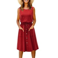 Žene Ljeto okruglo ovratnik rukava Slobodno vrijeme Solid Boja Linijski džep Maxi haljina, 2xl crvena