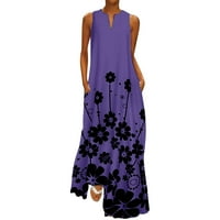 Ljetne haljine za žene casual bez rukava print v izrez Maxi labav Boho Beach Long Sunce sa džepovima
